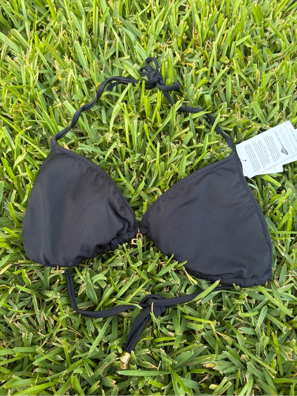 PHAX Black Triangle Halter Bikini Top Gold Logo NWT Large